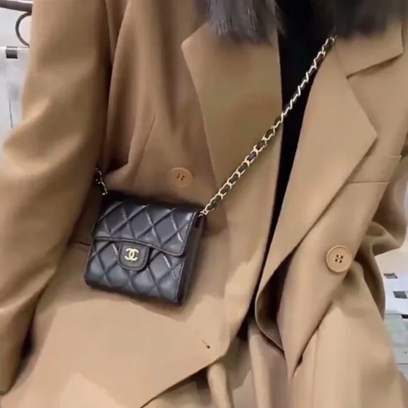 Authentic Chanel Lambskin Tri-Fold Compact Wallet with Added Chain